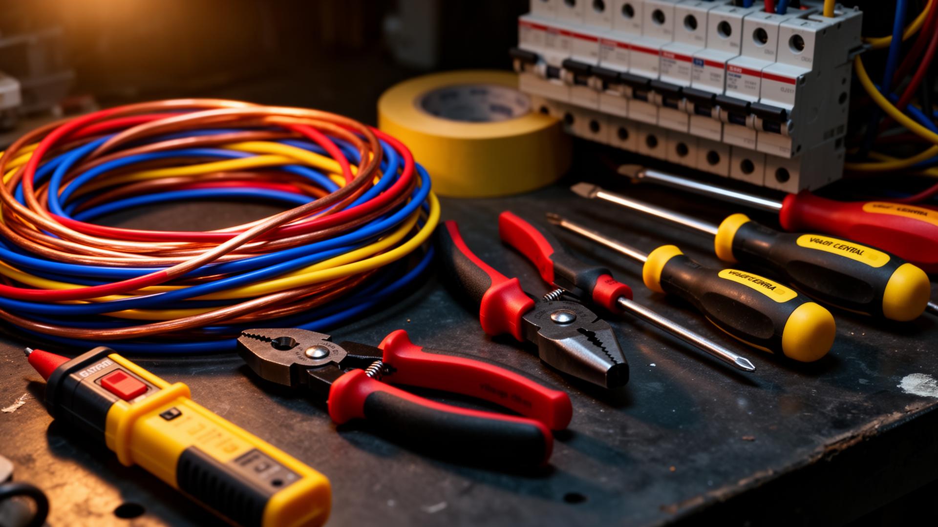 Electrical wires, pliers, voltage tester, screwdrivers and breaker panel on a workbench